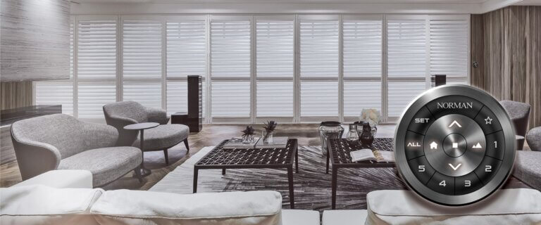 Norman Motorized Shade in a spacious living room